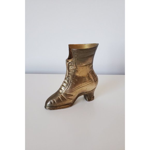 Vintage Brass Victorian Boot Vase, Brass Laced Heel Shoe - Picture 1 of 3